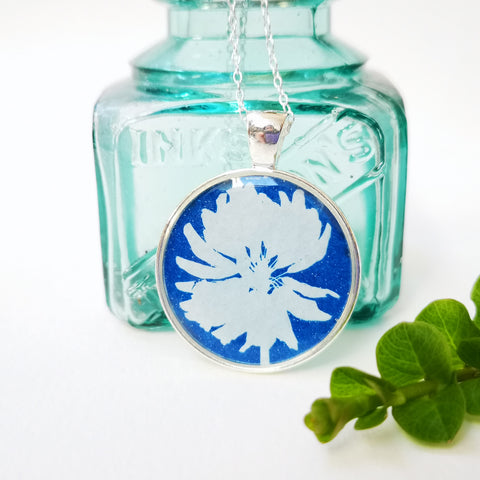 Clover  cyanotype - silver plated pendant and necklace