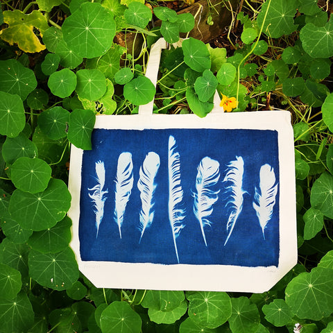 Cyanotype tote bag - large - feather design