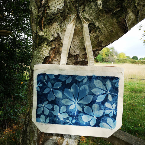 Cyanotype tote bag - large - horse chestnut leaf design