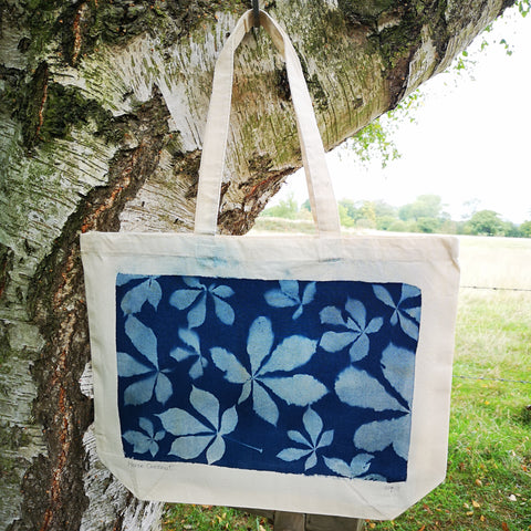 Cyanotype tote bag - large - horse chestnut leaf design